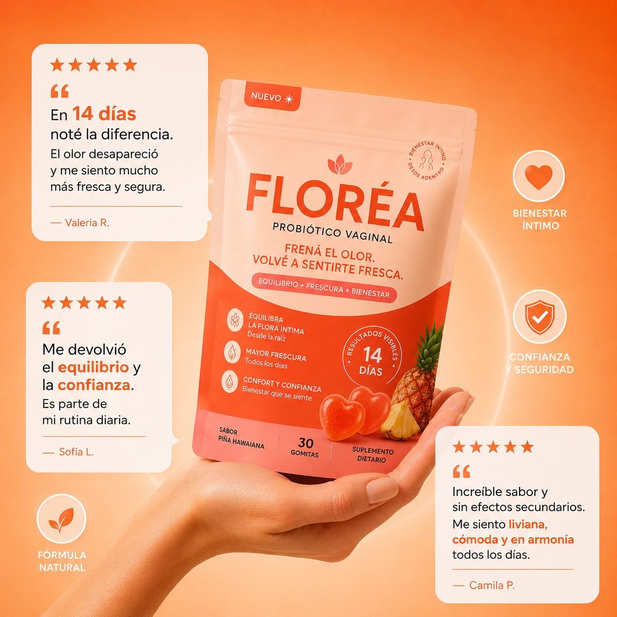FLORÉA™ PROBIÓTICO VAGINAL | FRENÁ EL OLOR. VOLVÉ A SENTIRTE FRESCA.