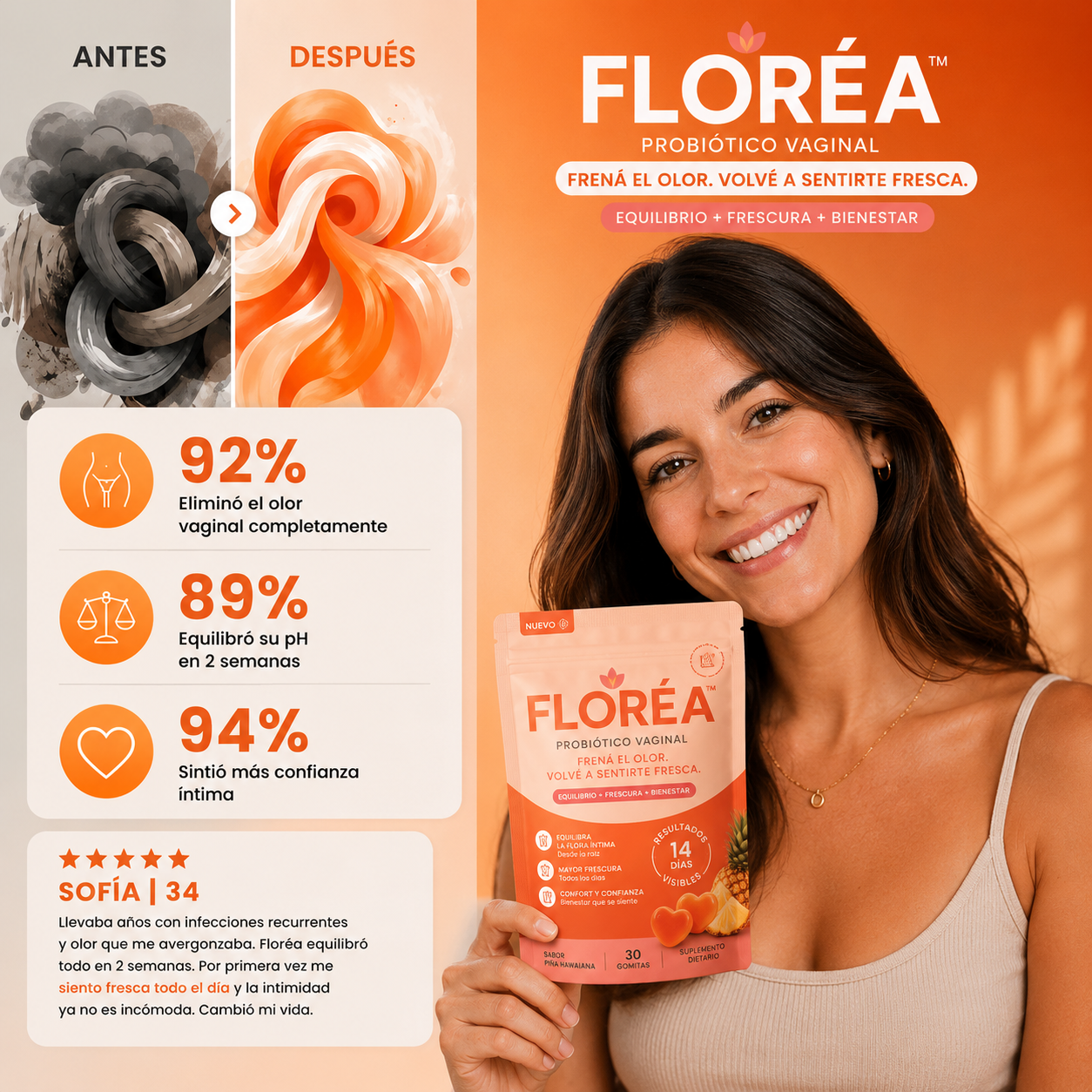 FLORÉA™ PROBIÓTICO VAGINAL | FRENÁ EL OLOR. VOLVÉ A SENTIRTE FRESCA.